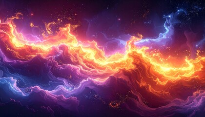 Vibrant, swirling, otherworldly landscape of luminous, undulating forms in dynamic hues of orange, purple, and blue, featuring intricate textures and glittering details.