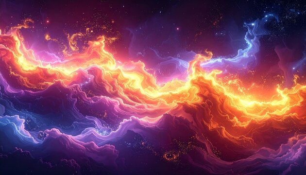 Vibrant, swirling, otherworldly landscape of luminous, undulating forms in dynamic hues of orange, purple, and blue, featuring intricate textures and glittering details.