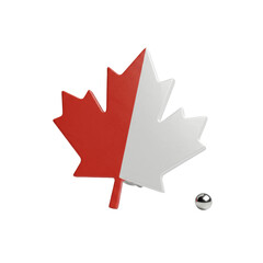 Pristine, minimalist Canadian maple leaf emblem, matte red and polished white, with tiny silver bead on transparent background, 45-degree macro studio shot for precision, elegance, and purity concept