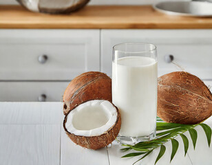 Coconut milk in a glass with whole and split coconuts. A healthy alternative to traditional milk for lactose intolerant and vegans set in a well-lit kitchen.