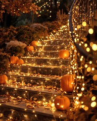 Halloween staircase decorated with pumpkins and fairy lights