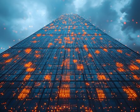 A modern skyscraper with a digital data network integrated into its glass facade glows against a dramatic sky