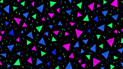 Retro 80s Neon Triangle Pattern on Black Background