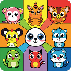 Cute cartoon animals in colorful geometric sections