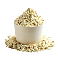 Light beige powder in a small, white measuring cup