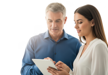Man and woman looking at tablet isolated on transparent background