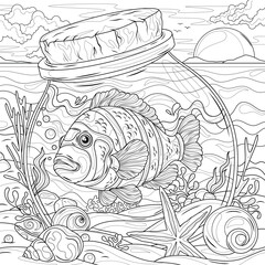 Sea fish in a jar on the seashore.Coloring book antistress for children and adults.