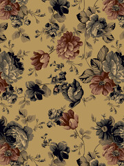 Intricate floral pattern with vintage charm and graceful movement in sepia toned with artistic style