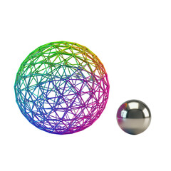 Abstract 3D wireframe sphere, vibrant rainbow gradient, intricate geometric lines, and a reflective metallic sphere on a transparent background. Concept of futuristic design