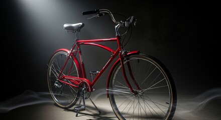 Fototapeta premium Vintage Red Bicycle Illuminated by Dramatic Spotlight in Moody Studio Setting.