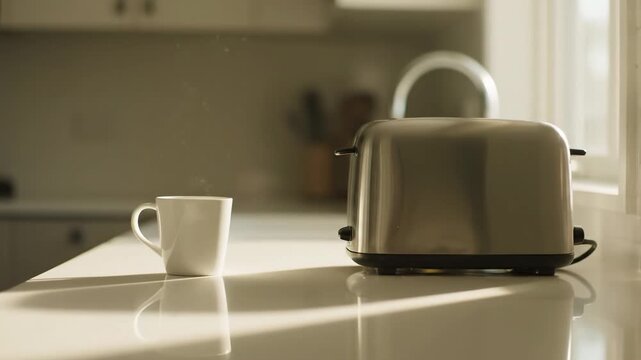 Sunny Morning Kitchen Countertop - A steaming mug sits next to a stainless steel toaster on a bright kitchen countertop, bathed in sunlight.