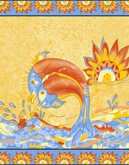 Whimsical Dolphins leaping playfully beneath a radiant sun art in a bright surreal illustration and