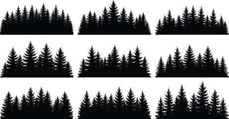 Coniferous tree silhouettes, pine forest clusters, black and blue outline, stylized nature design, evergreen landscape, isolated vector trees, scenic elements