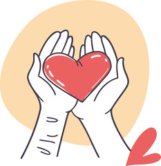 Obraz premium Hands holding a red heart with a yellow oval background vector