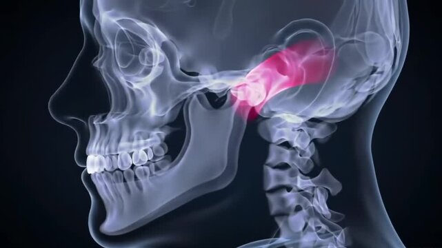 3D medical animation of TMJ disorder, showing a painful jaw joint.