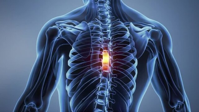 3D medical animation of mid-back pain in the thoracic spine. Posture issue.