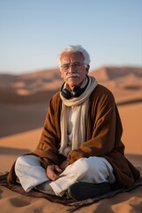 Elderly caucasian man meditating in desert at sunset