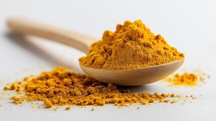 Turmeric powder in wooden spoon on white background