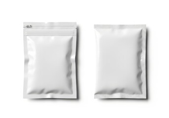 Two blank white foil pouches, one sealed and one open with a zipper, presented sidebyside on a white surface
