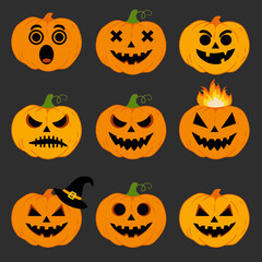 Cartoon Halloween Pumpkins with Various Spooky and Funny Expressions