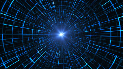 Hi-tech futuristic background of digital lines in the space. Abstract HUD concept. Technology, science, engineering, and artificial intelligence background. Flying through a space tunnel.