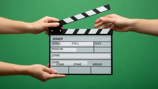 Hands holding a film slate against a green background ready for a movie scene to be filmed