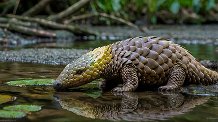 Obraz premium A colorful pangolin rests beside a clear jungle stream, Ai