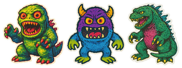 Naklejka premium PNG Colorful retro monster illustrations, element set on transparent background