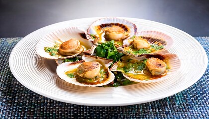 Freshly cooked scallops in their shells with vibrant green herbs and sauce on an elegant presentation plate.