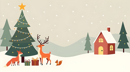 Modern minimalist Christmas illustration with stylized tree in snowy winter wonderland, glowing cottage in background, woodland animals gathered around gifts, pastel colors, cozy festive scene