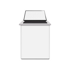 Touch screen self-service digital kiosk on white blank table. Realistic 3d vector mockup. Desktop interactive touchscreen retail display standing on desk. Mock-up. Empty LCD monitor screen. Template