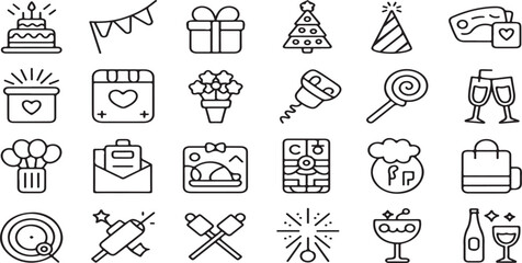 celebration, party, holiday, event, birthday, wedding, anniversary, gift, present, cake, balloon, fireworks, banner, calendar, invitation, champagne, decoration, festive, vector, line art, icons, symb