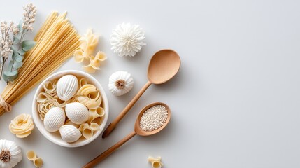 Assorted Dry Pasta and Rustic Cooking Ingredients Flat Lay