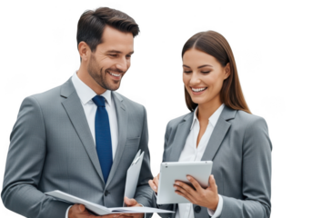 Smiling business colleagues reviewing documents and tablet isolated on transparent background