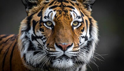 Fototapeta premium A close-up portrait of a tiger's striking face, showcasing intricate patterns and intense eyes against a dark backdrop.