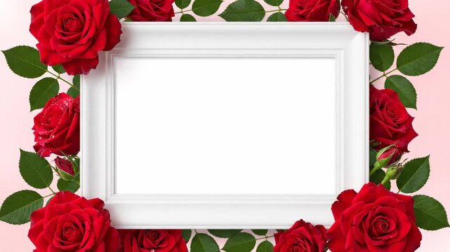 Red Roses and White Frame on Pink Background - A white picture frame is surrounded by vibrant red roses and lush green leaves against a soft pink backdrop.
