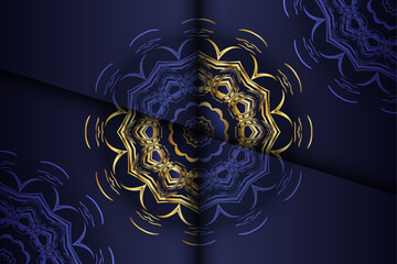 Blue mystical mandala with glowing golden ornaments and circular abstract background design