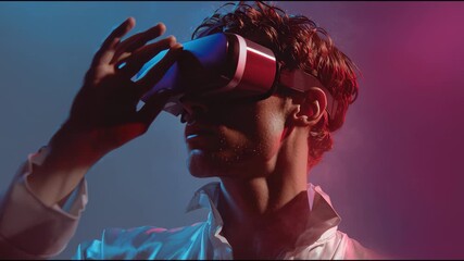 Young man in white shirt immersed in virtual reality experience, wearing VR headset, surrounded by vibrant pink and blue lighting, exploring futuristic digital world with awe and curiosity - Powered by Adobe
