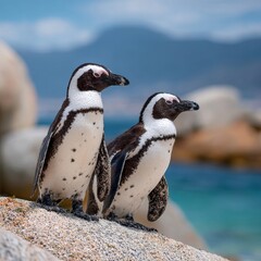Fototapeta premium Penguin Duo: A captivating portrait of two penguins perched on a coastal rock, embodying the charm of nature. The scene presents the penguins' distinctive black and white plumage.