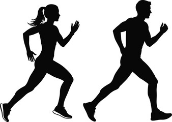 Running silhouettes, athletic motion, fitness concept, black figures, jogging duo, dynamic stride, sports activity, healthy lifestyle, outdoor exercise, human biomechanics