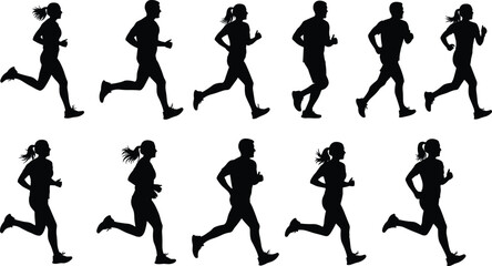Running silhouettes, athletic motion, fitness concept, black figures, jogging sequence, sports animation, dynamic pose, health lifestyle, male female runners, movement study
