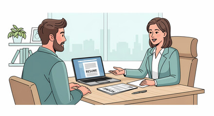 Fototapeta premium Job interview scenario with a candidate and interviewer at a desk with a laptop showing a resume.