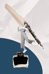 Vertical image art pop trend collage of happy girl hold feather ink calligraphy high-school learner education writing concept