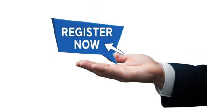 Hand holding a blue speech bubble with the text register now isolated on transparent background, symbolizing an invitation to join or sign up for an event or service - Powered by Adobe