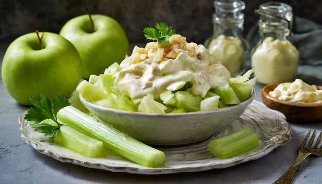 Waldorf salad of apples, celery stalks, walnuts, grapes, lettuce in a white salad with ingredients on an old rustic white wooden table. Selected focus.