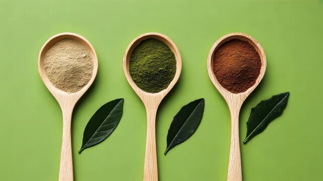 colorful spices displayed in wooden spoons on green background
