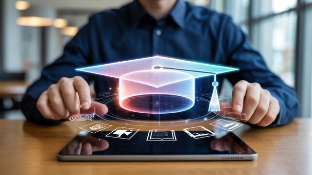 A student is using a tablet to access online education resources and a virtual graduation ceremony, symbolizing the future of learning and technology