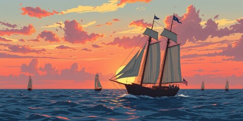 Majestic tall ship sails gracefully across a calm ocean during a vibrant sunset