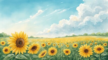 Obraz premium Vibrant sunflower field under a bright blue sky with fluffy white clouds serene nature landscape
