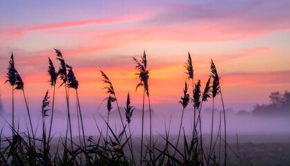 Obraz premium Silhouette of reeds against a vibrant sunset sky.